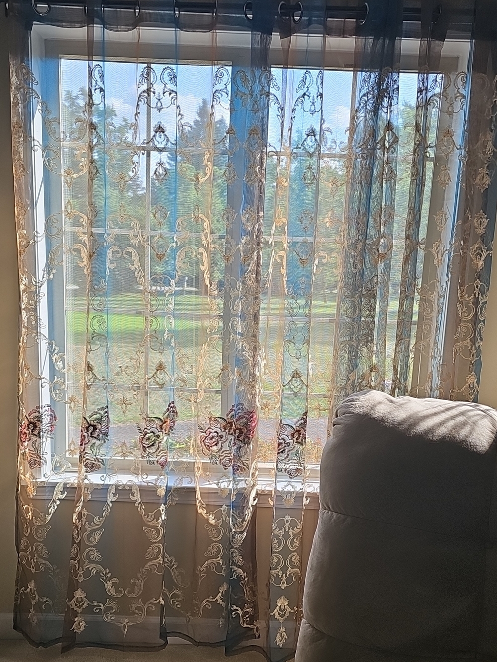 Elegant Sheer Embroidered Window Curtains - Iridescent w/Floral Accents 52 X84